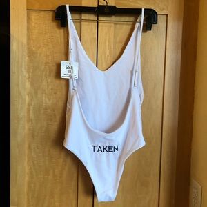 ‘Taken’ One-Piece White Bathing Suit Bride Bachelorette